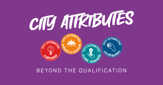 Purple background with City Attributes icons for Curiosity, Optimism & Openness, Global Readiness and Contribution. 